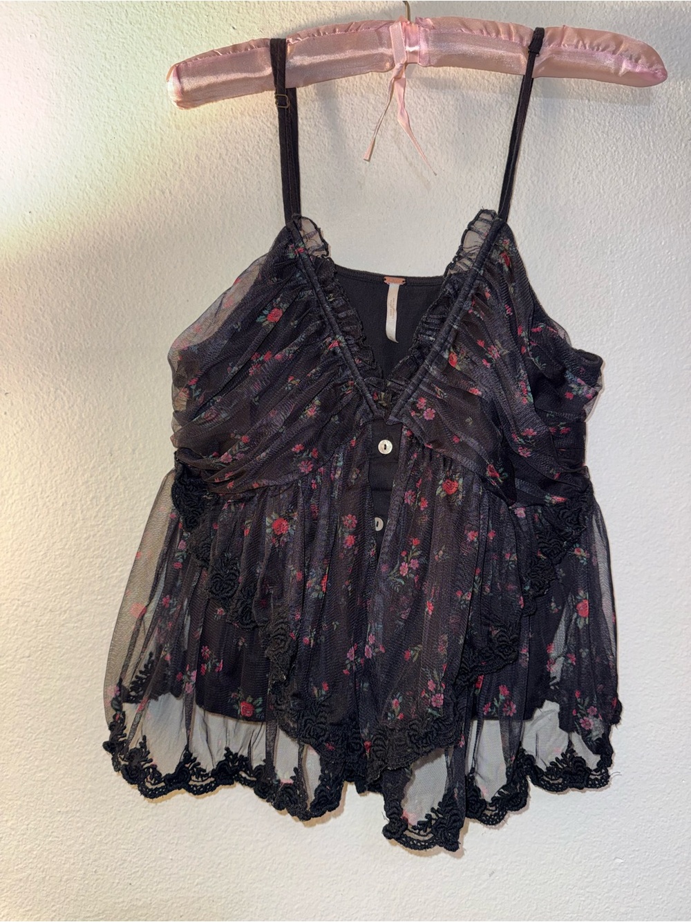 Free People Black Sheer Floral Lace-Trim Cami